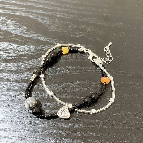 Couple De Style Unisexe Double Couche Empilée Bracelet Design Sens Rétro Bracelet Perlé Noir 2022 Nouveaux Bijoux-Sw-S308 Argent