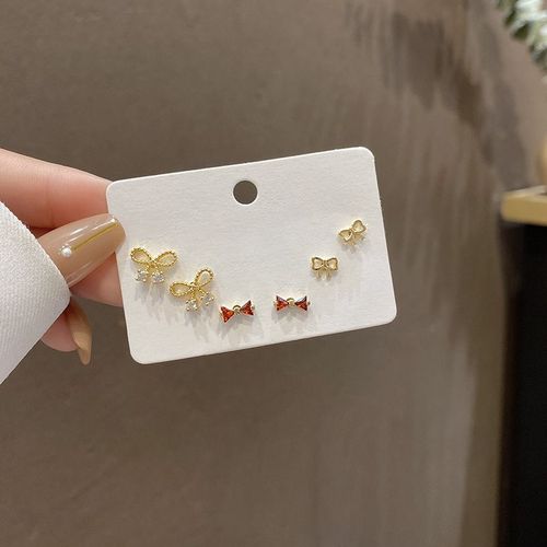 Coréen 925 Argent Aiguille Ensemble Boucles D'oreilles Niche Femme Haut De Gamme Perle Boucles D'oreilles Polyvalent Tempérament Oreille Bijoux-4 # E3033 Noud Papillon Rouge