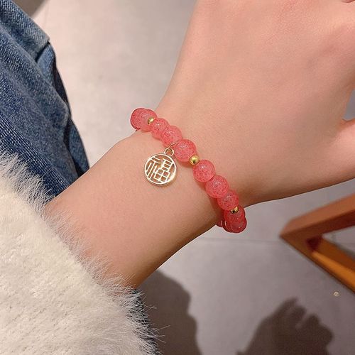 Bracelet En Cristal De Fraise Bracelet Rond Filles Niche Design Bracelets En Cristal Rose Perlé Bijoux A La Main Pour Couples Et Copines-Sw-D009 Or
