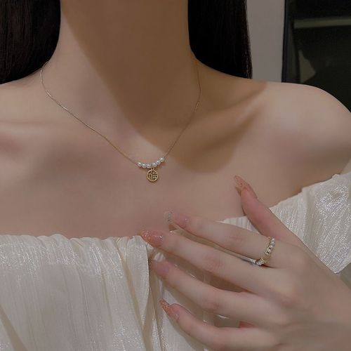 Ins Vent Perle Amour Titane Acier Collier Femmes All-Match Lumiere Luxe Niche Haut De Gamme Clavicule Chaîne Accessoires-X865 Or#Titanium Steel
