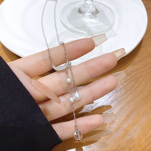 Coréen Argent Titane Acier Collier Filles Versatile Haut De Gamme Niche Perle Papillon Pendentif Clavicule Chaîne Bijoux-X1055 Argent
