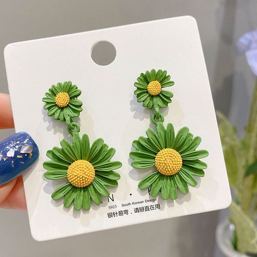 Été Ins Vent Petites Boucles D'oreilles De Série De Fleurs De Marguerite Femme Version Coréenne S925 Boucles D'oreilles En Argent Aiguille Simples Petites Boucles D'oreilles Fraîches-E2005 Vert