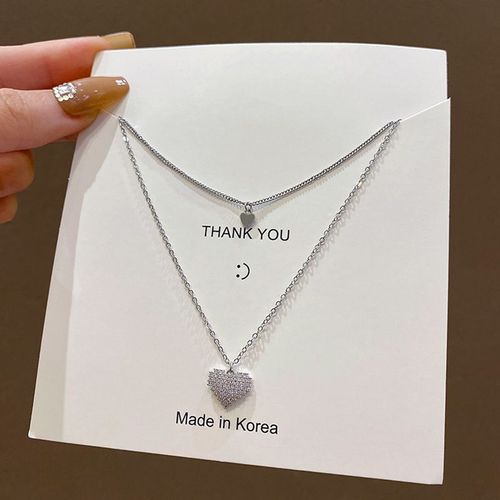 2022 New Light Luxe Double Couche Coeur Collier Femme Haut De Gamme Polyvalent All-Match Clouté De Diamants Titane Acier Clavicule Chaîne Accessoires-Sw-X855 Argent