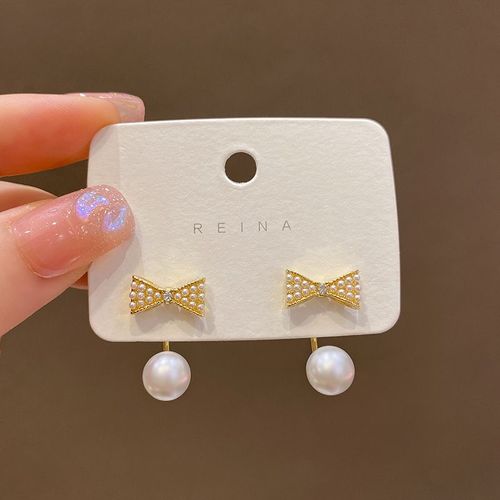 Boucles D'oreilles Rétro Françaises Noud Papillon Perle Femmes Hong Kong Style Mode Polyvalent Internet Célébrité Boucles D'oreilles Arriere Suspendu Simple Oreille Bijoux-Sw-E5126 Or