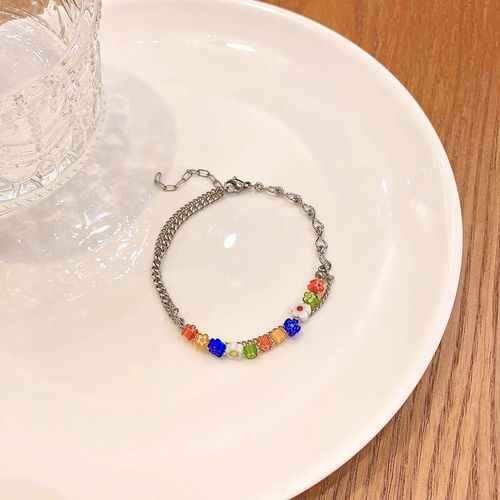 Verre Coloré Petite Fleur Bracelet Filles Titane Acier Bracelet Ins Style Douce Personnalité Couple Copines Double Couche Bijoux-Sw-S259 Argent