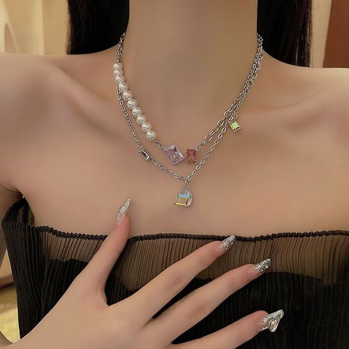 Collier En Acier Au Titane A Double Couche Haut De Gamme Pour Femmes Rétro Lumiere Luxe Doux Cool Fille Chaude Perle Chaîne De Clavicule Super Flash Pendentif En Cristal-Sw-X925 Argent