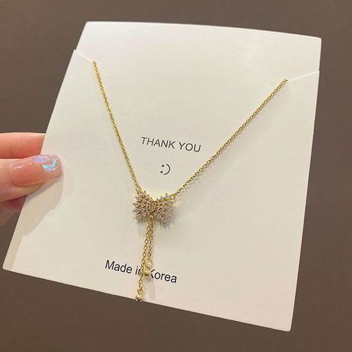 Version Coréenne Conception Gland Titane Acier Collier Femmes Lumiere Luxe Niche Bowknot Pendentif Clavicule Chaîne Net Tempérament Rouge Accessoires-Sw-X562 Or