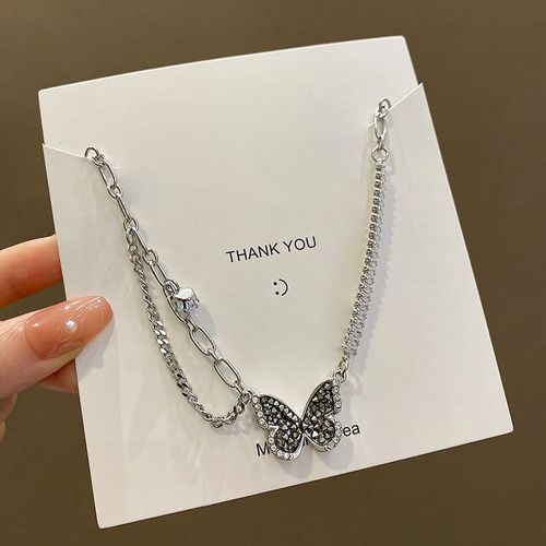 Titane Acier Noir Zircon Papillon Collier Femme Niche Conception Haut De Gamme Clavicule Chaîne 2022 Nouveau Spice Girl Collier-Sw-X1061 Argent