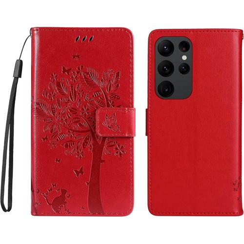 Coque Pour Samsung Galaxy S23 Ultra 5g, Housse Flip Tpu/Pu Portefeuille Cuir Portefeuille Étui Avec Carte Fente/Stand Fonction, Embossée Motif Magnétique Case Cover, Rouge