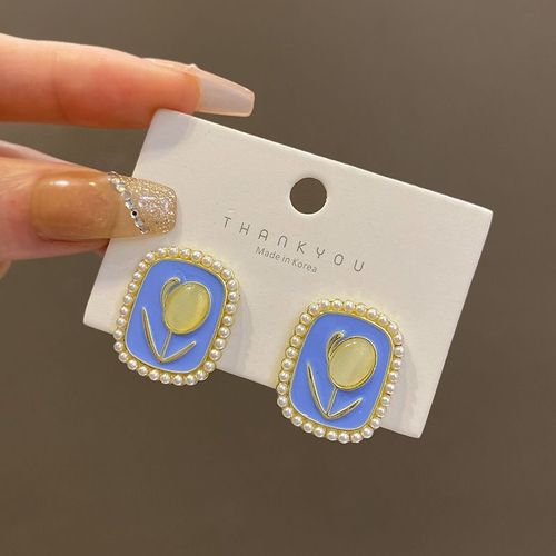 925 Argent Aiguille Tulipe Fleur Perle Boucles D'oreilles Femelle Ins Vent Super Fée Goutte Huile Bleu Boucles D'oreilles Sens Haut De Gamme Oreille Bijoux-Sw-A1170 Or