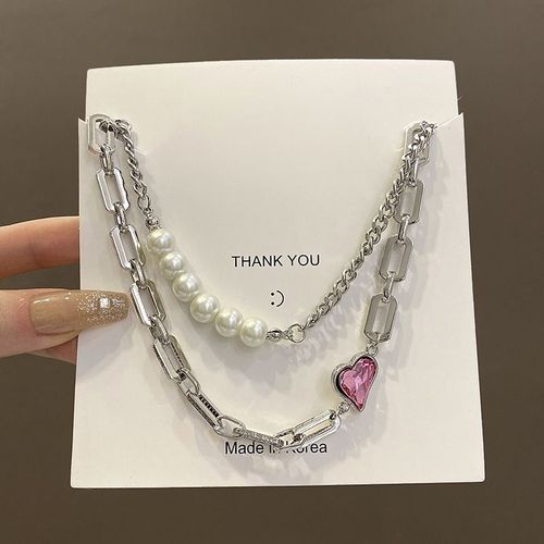 Doux Et Cool Amour Rose Collier En Acier Au Titane Personnalité Haut De Gamme Des Femmes Chaîne De Chandail De Perles A Double Couche Polyvalent Nouveaux Accessoires-Sw-X790 Argent