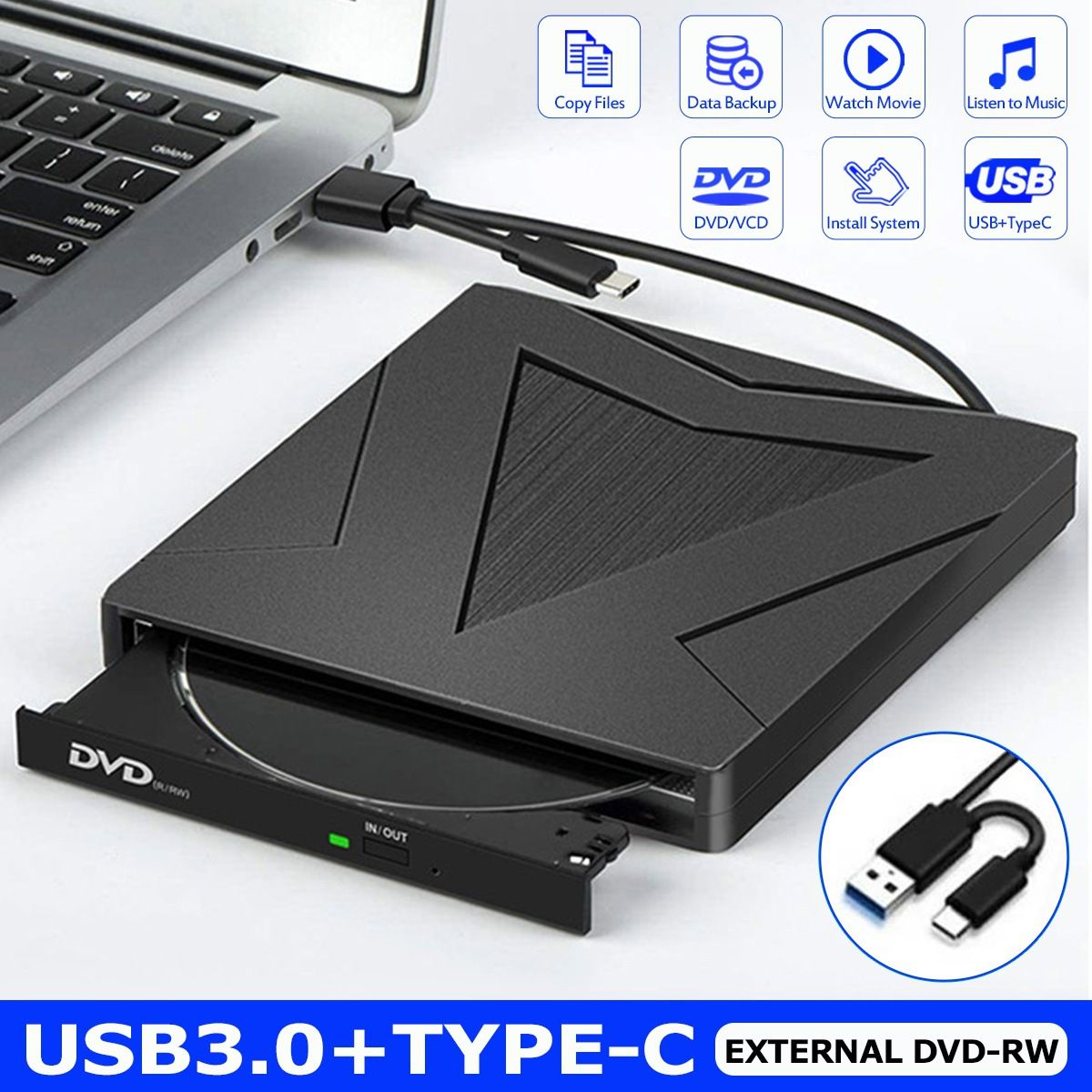 Lecteur CD/DVD Externe Usb 3.0/Type C Double interface, Noir...