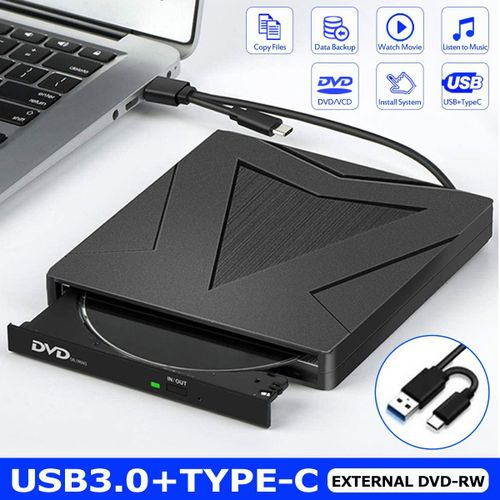 Lecteur CD/DVD Externe Usb 3.0/Type C Double interface, Noir