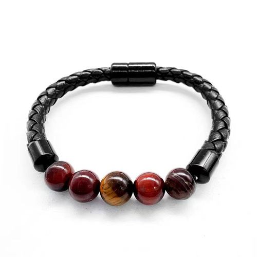 Pierre Naturelle Cuir Corde Tressée Bracelet Bracelet Pierre Naturelle Bracelet Force Marchand-Cuir Corde-Pierre De Tigre Rouge + Pierre De Tigre Jaune