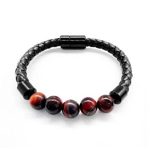 Pierre Naturelle Cuir Corde Bracelet Tressé Bracelet Pierre Naturelle Bracelet Force Marchand-Cuir Corde-Pierre Tigre Rouge