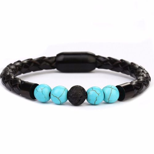 Pierre Naturelle Cuir Corde Tressée Bracelet Bracelet Pierre Naturelle Bracelet Force Marchand-Cuir Corde-Bleu Turquoise+Pierre Volcanique