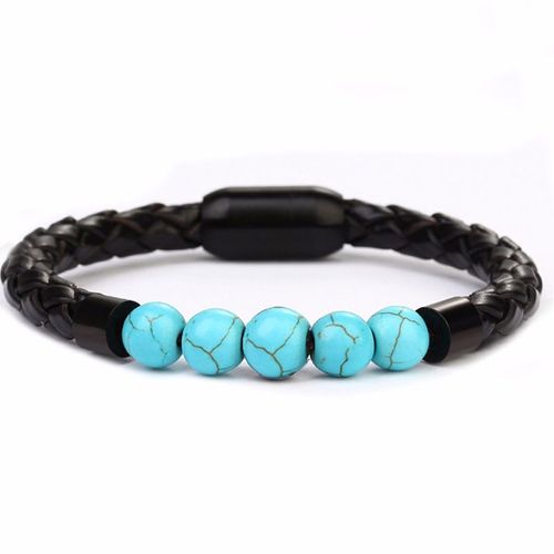 Bracelet Tressé Corde Cuir Pierre Naturelle Bracelet Pierre Naturelle Bracelet Force Marchand-Cuir Corde-Bleu Turquoise
