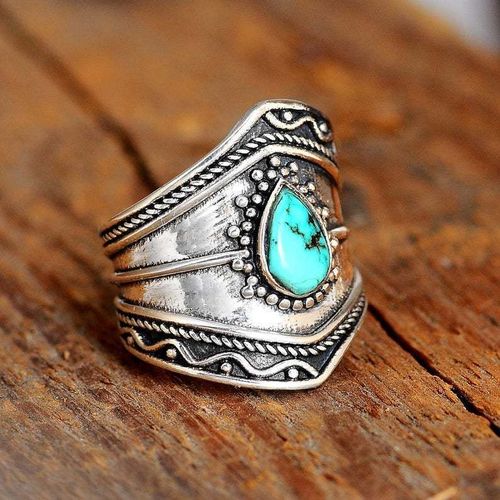 Rétro Boheme Turquoise Irréguliere Bague Personnalité Goutte Exagérée Bijoux - Argent Ancien - N° 6