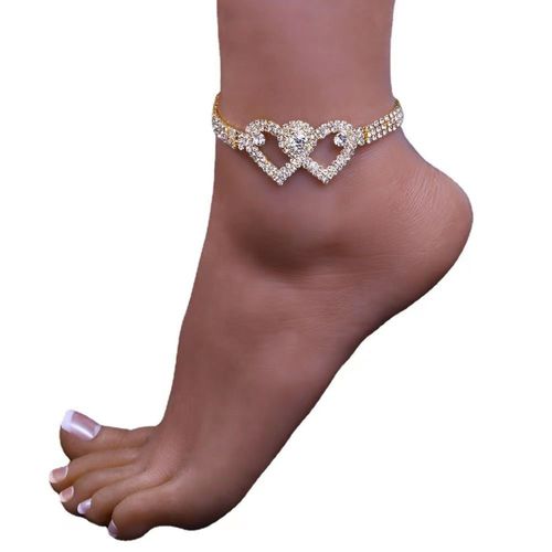 Temu Personnalité Tendance Double Amour Bracelet De Cheville Plein De Diamants Bracelet De Plage Brillant Populaire - Or Simple