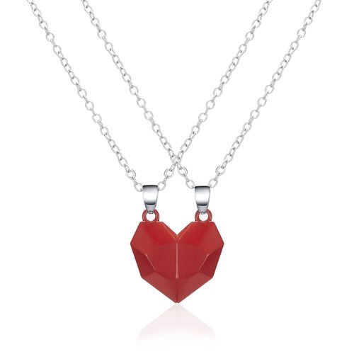 Couple Amour Collier Collier Magnétique Souhaitant Pierre Pendentif Heartbroken Clavicule Chaîne Coeur Collier-Rouge + Rouge Combinaison (2 Chaînes En Argent)
