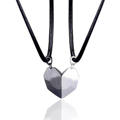 Couple Amour Collier Aimant Collier Souhaitant Pierre Pendentif Coeur Brisé Clavicule Chaîne Coeur Collier - Combinaison Noir + Argent (2 Cordes Noires)