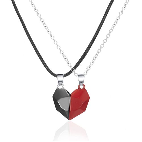 Couple Amour Collier Aimant Collier Souhaitant Pierre Pendentif Heartbroken Clavicule Chaîne Coeur Collier-Noir + Rouge (Corde Noire + Chaîne Argentée)