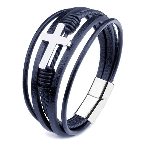 Bracelet En Cuir Croisé Pour Hommes Multicouche Tissé A La Main Corde Aimant Boucle Bracelet En Cuir Véritable-Boucle En Acier Corde Noire 23cm