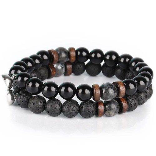 Nouveau Bracelet Perlé Pierre Naturelle 8mm Bracelet Magnétique Style Couple Mode - Haltere Magnétique Noir Brillant + Pierre Volcanique + Flash Noir