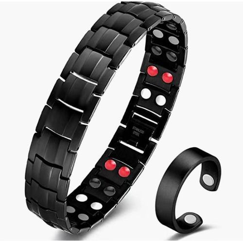 Ensemble De Couple Réglable A La Mode Avec Bracelet Aimant A Double Rangée - Bracelet Noir + Anneau Noir + Anneau En Argent