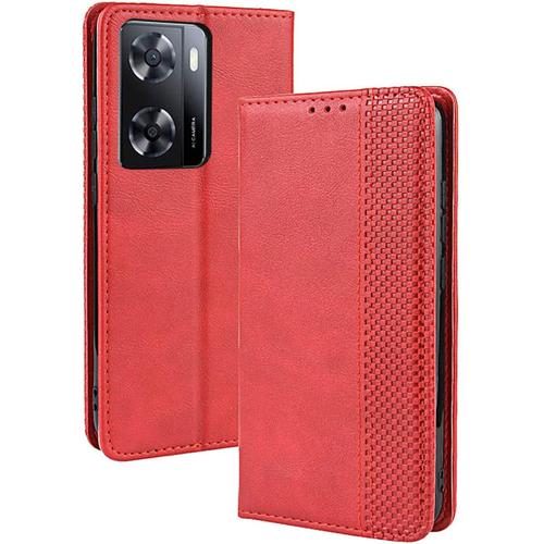 Coque Folio Cuir Étui Pour Oppo A57 4g/Oppo A57s, Antichoc Portefeuille Housse Vec Fentes Pour Cartes, Pu/Tpu Bumper Protection Case Cover Fermeture Magnétique Rouge