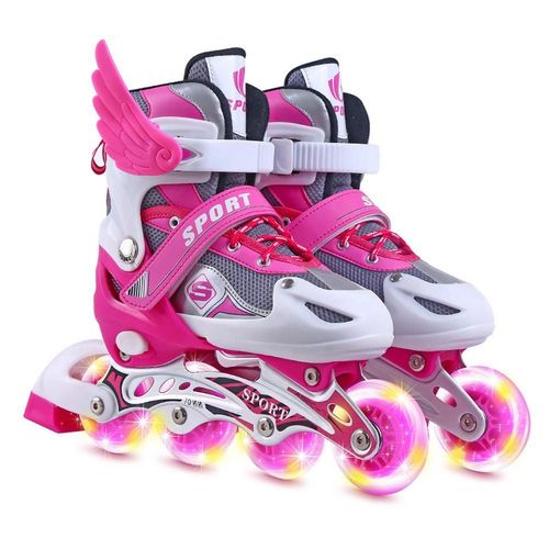 Patins À Roulettes Pour Enfants,Chaussures De Patinage Pour Enfants,Patins À Roulettes Simples,Garçons Et Filles,Taille Réglable,4 Roues,Flash - Type Pink M