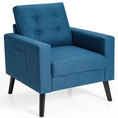 Costway Fauteuil De Salon 1 Place Confortable - 2 Poches Latérales, Chaise De Chambre En Lin, Pieds Bois D?Hévéa Bleu