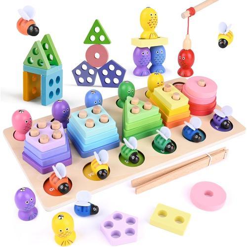 Jeux Montessori,Jouet Enfant,Jouet En Bois A Empiler Et De Tri,20 Blocs Geometriques,Jeux De Peche En Bois,Puzzles A Trier Les Formes,Jouet En Bois Pour Cadeau Fille Garcon Bebes 2 3 4 Ans(A)