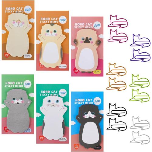 Notes Autocollantes Mini Notes Autocollantes Sticky Notes Feuillets Autocollants Notes Autocollantes Mignonnes Pour Réfrigérateur,Notes Bureau L'école,Mémo Bureau(Lot De 6+Trombone Chat 12pcs)