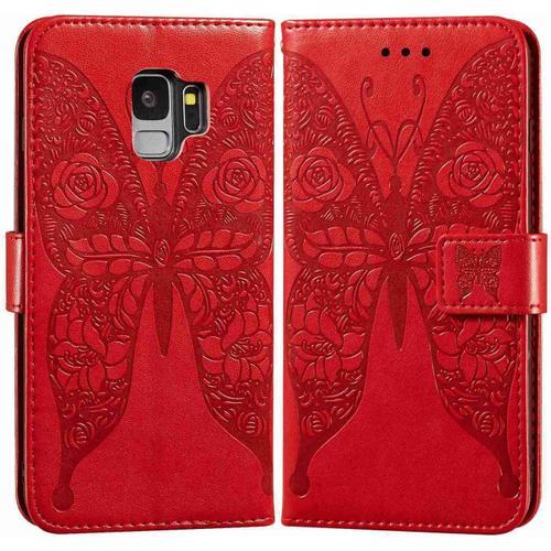 Etui En Pu Cuir Portefeuille Coque Pour Samsung Galaxy S9 Smartphone Magnétique Flip Housse Et Fentes Cartes Stent Fonction Papillon Gaufrage-Rouge