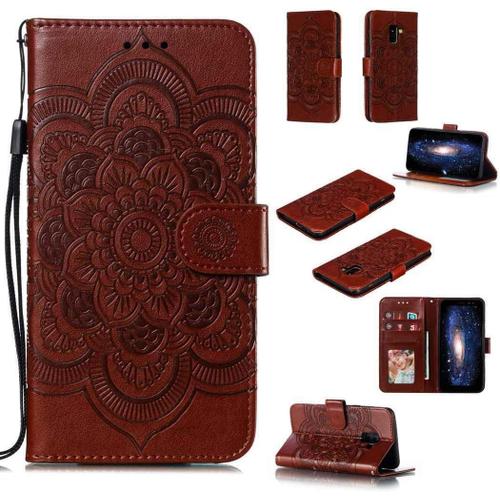 Portefeuille Coque Pour Samsung Galaxy A8 2018 Smartphone Magnétique Pu Cuir Etui Rabat Avec Fente Pour Carte Et Dragonne Mandala Fleur Motif - Marron