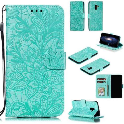 Portefeuille Coque Pour Samsung Galaxy A8 2018 Smartphone Magnétique Pu Cuir Etui Rabat Avec Fente Pour Carte Et Dragonne Dentelle Fleur Motif - Vert