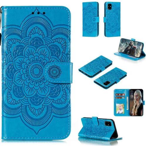 Portefeuille Coque Pour Samsung Galaxy A71 4g A715f Smartphone Magnétique Pu Cuir Etui Rabat Avec Fente Pour Carte Et Dragonne Mandala Fleur Motif - Bleu