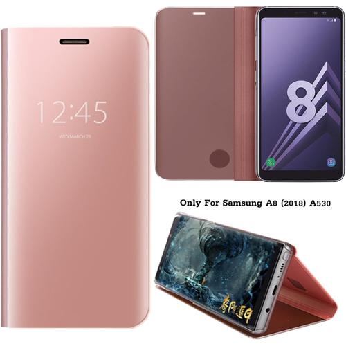 Effet Miroir Housse En Cuir Pu Pour Samsung Galaxy A8 2018 Version , Haute Qualité Clear View Smartphone Flip Cover Et Fonction Stent Étui Pour Téléphone Or Rose