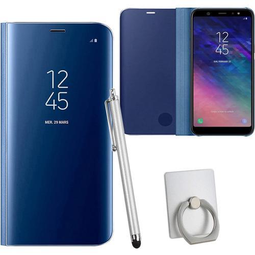 Effet Miroir Housse En Cuir Pu Pour Samsung Galaxy A6 2018 , Haute Qualité Clear View Smartphone Flip Cover Et Fonction Stent Étui Pour Téléphone Bleu Foncé