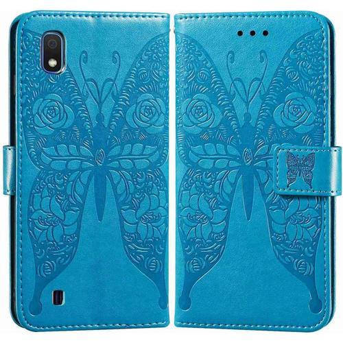 Etui En Pu Cuir Portefeuille Coque Pour Samsung Galaxy A10 Smartphone Magnétique Flip Housse Et Fentes Cartes Stent Fonction Papillon Gaufrage-Bleu