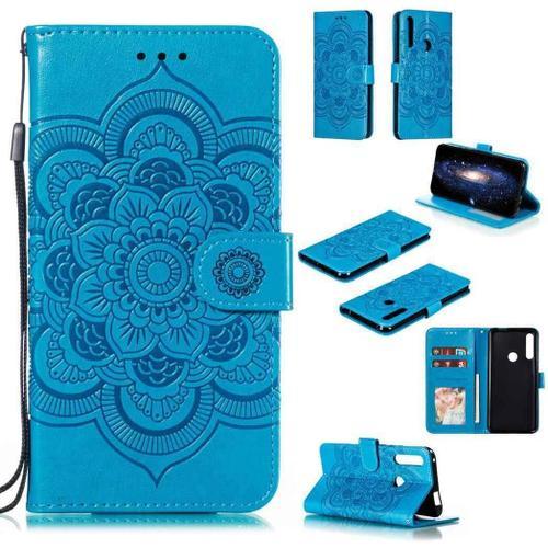 Portefeuille Coque Pour Honor 9x / Huawei P Smart Z Smartphone Magnétique Pu Cuir Etui Rabat Avec Fente Pour Carte Et Dragonne Mandala Fleur Motif - Bleu