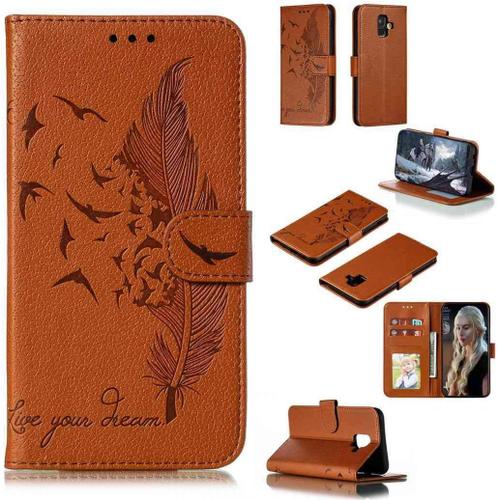 Portefeuille Coque Pour Samsung Galaxy A6 2018 Smartphone Magnétique Pu Cuir Etui Rabat Avec Fente Pour Carte Book Housse Plume Embossée Motif-Marron