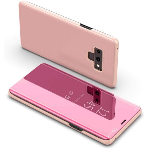 Effet Miroir Housse En Cuir Pu Pour Samsung Galaxy Note 9, Haute Qualité Clear View Smartphone Flip Cover Et Fonction Stent Étui Pour Téléphone Or Rose