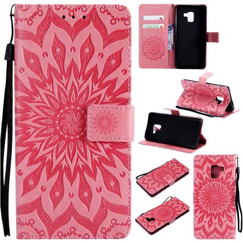 Coque Pour Samsung Galaxy A8 2018 Coque Housse Portefeuille Case Fleur Design Pour Samsung Galaxy A8 2018 Flip Cover Cuir Porte Carte Magnétique Protection Pour Galaxy A8 2018,Coque Rose