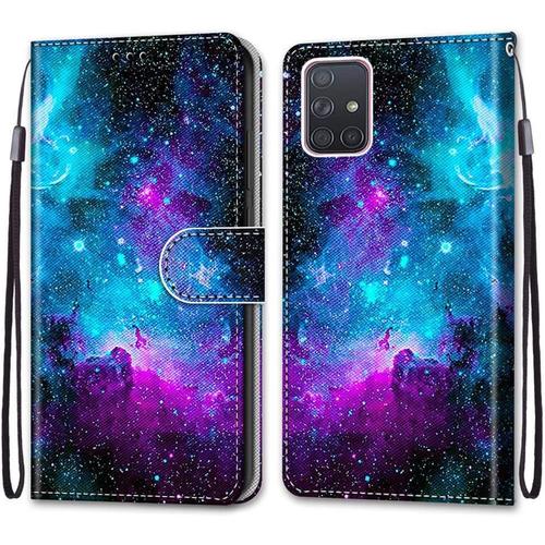 Coque Cuir Pour Samsung Galaxy A71 4g, Mignonne Design Motif Dessin Portefeuille Housse Avec Case 360 Degrés Silicone Antichoc, Étui À Rabat Protection Cover Cuir - Ciel Étoilé