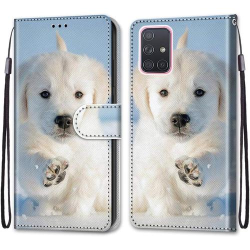 Coque Cuir Pour Samsung Galaxy A71 4g, Mignonne Design Motif Dessin Portefeuille Housse Avec Case Silicone Antichoc, Étui À Rabat Protection, Cover Cuir - Chien