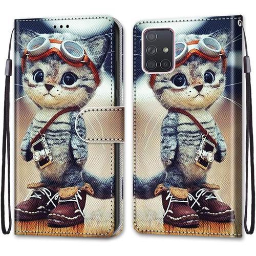 Coque Cuir Pour Samsung Galaxy A71 4g, Mignonne Design Motif Dessin Portefeuille Housse Avec Case 360 Degrés Silicone Antichoc, Étui À Rabat Protection Cover Cuir - Chat Mignon