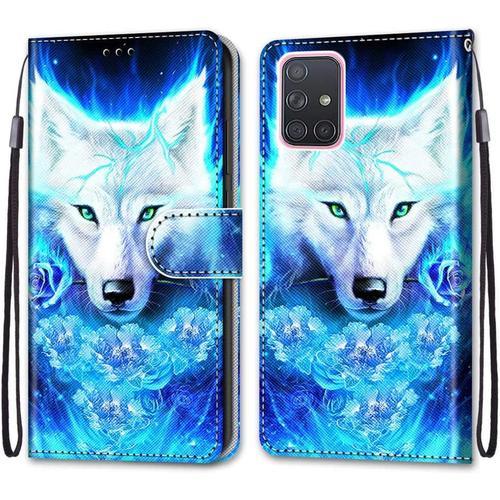 Coque Cuir Pour Samsung Galaxy A71 4g, Mignonne Design Motif Dessin Portefeuille Housse Avec Case Silicone Antichoc, Étui À Rabat Protection, Cover Cuir-Loup