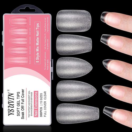 Pose Américaine Ongles Capsule, 300pcs 15 Tailles Matte Couverture Semi-Complète Préforme Non Besoin Lime À Ongles Pour Femme Salons De Manucure, 5 Modèles(2amandes/Carré/Cercueil/Ballerine) 